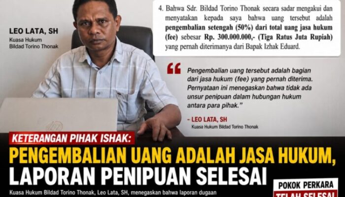 Kuasa Hukum Bildad, Keterangan Pihak Ishak Tegaskan Pengembalian Uang Adalah Jasa Hukum, Laporan Penipuan Selesai